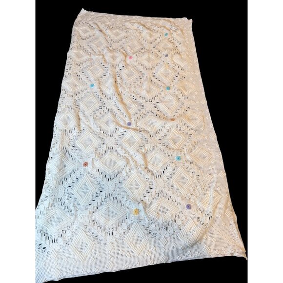 Vtg Handcrafted Whiter Knit Crochet Blanket With Colorful Flowers 67”x61” - Picture 2 of 7